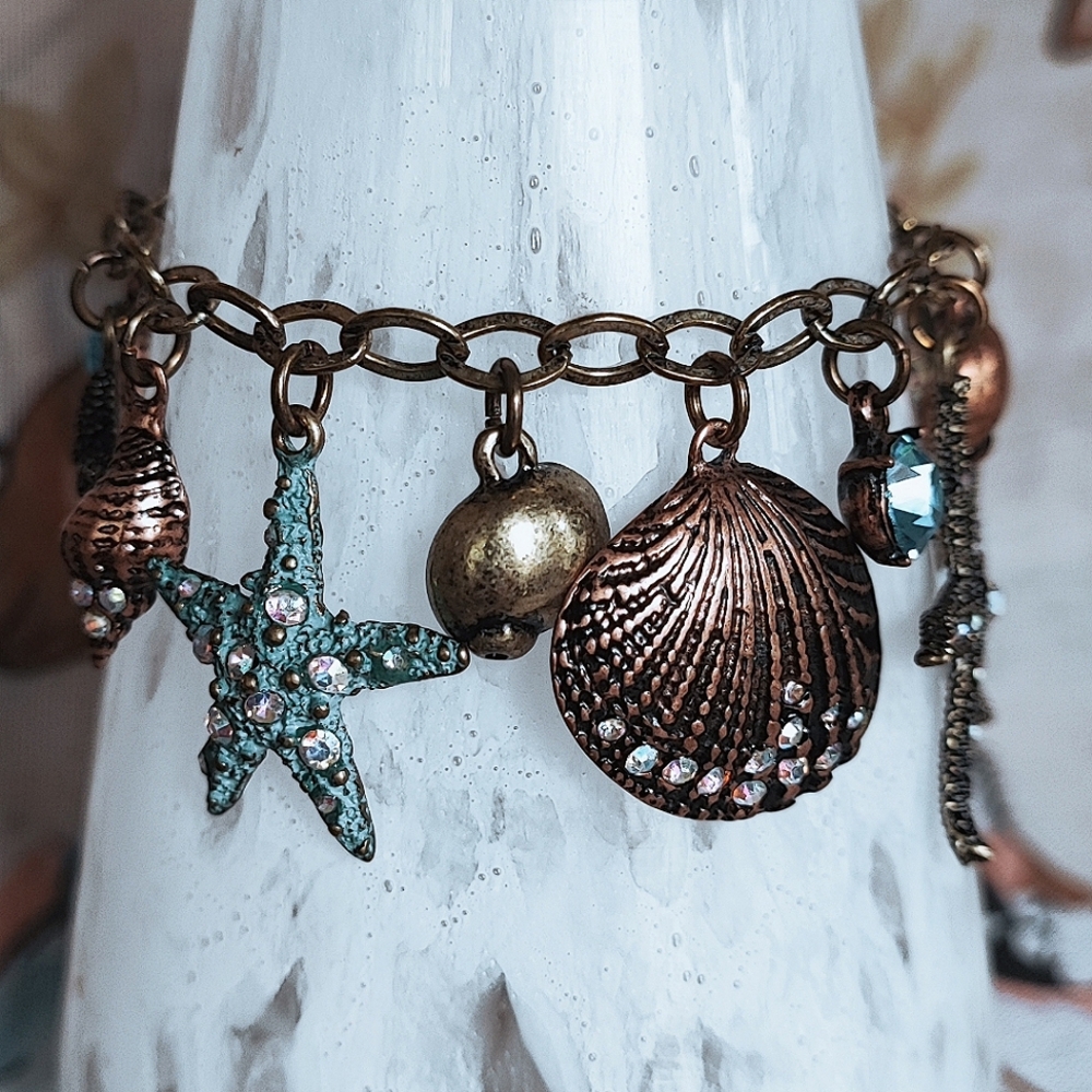 Cookie Lee Brass Copper Seashell Marine Life Rhinestones Starfish Bracelet - Picture 5 of 11